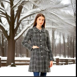Elegant Doll Collar Plaid Tweed Pearl Buttons Single Breasted Long Coat W/Pocket